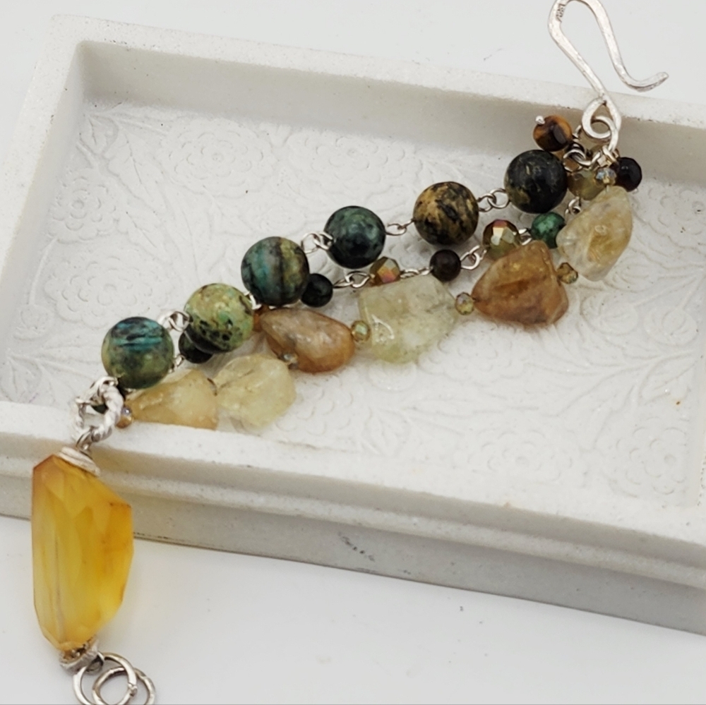 RAW CITRINE, AFRICAN TURQUOISE & CRYSTAL DANGLING HANDMADE BRACELET STERLING 6.5 - Picture 11 of 14
